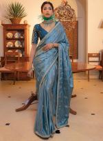 Viscose Sattin Sea Blue Party Wear Embroidery Work Saree